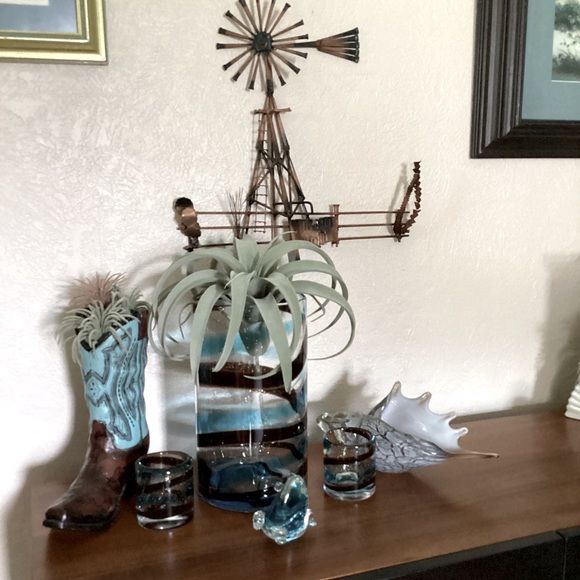 Hand Blown Glass Candle Holders Turquoise And Brown Glass Swirl Pattern Mexico - Picture 8 of 16